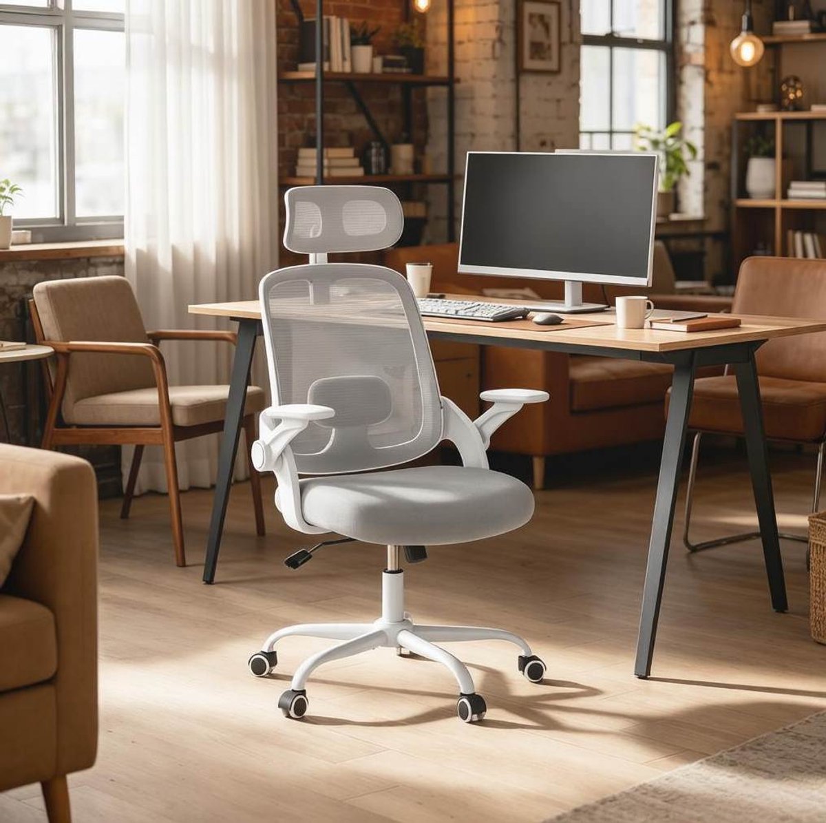STILVORA Bureaustoel 63,5 x 47 x 117,5 cm - Ergonomisch Met Hoofdsteun En Verstelbare Armleuningen - Voor Kantoor En Studeerkamer - Lichtgrijs