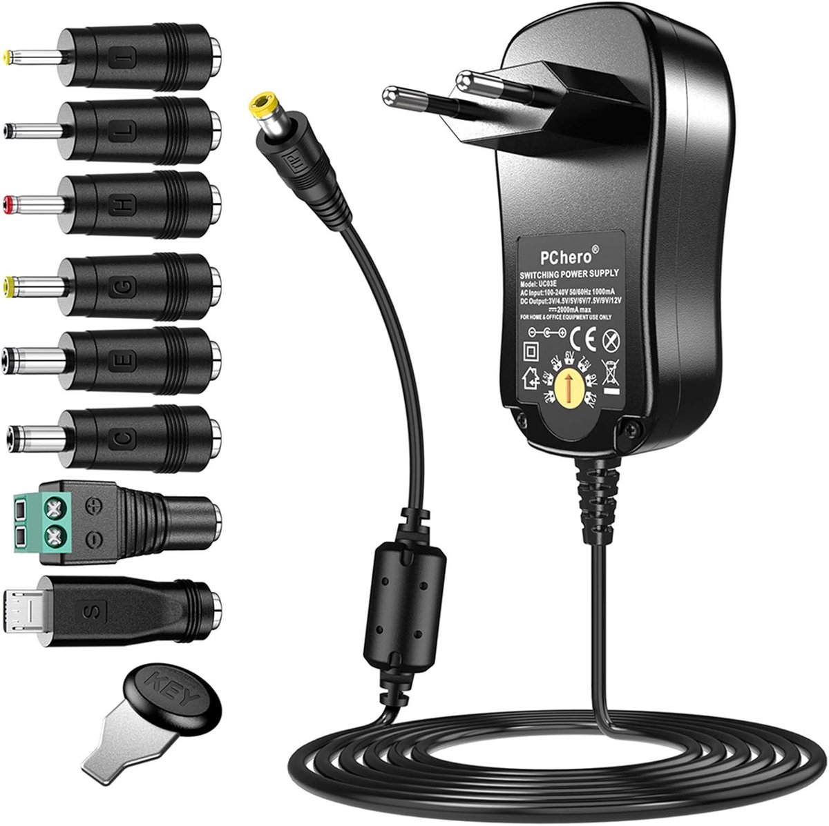 SnelShoppen - Universele 24W Oplader Adapter met 8 DC Plugs voor 3V-12V Apparaten - Ideaal voor Thuis Elektronica, 2000mA Max, Veiligheidsbescherming