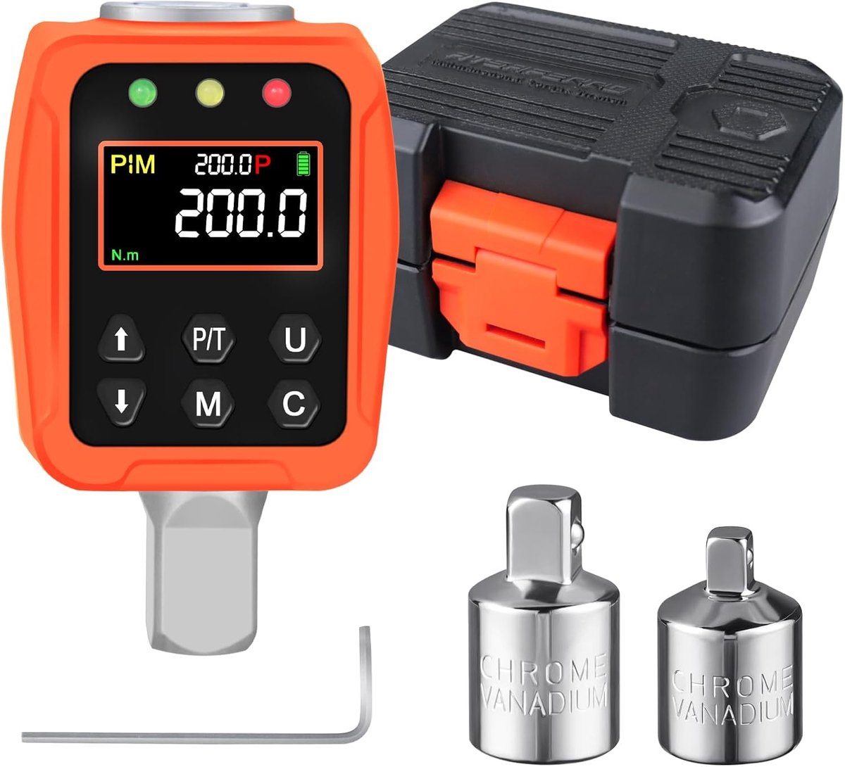 Thijox - Digitale Koppeladapter 1/2" 10-200 Nm - Professionele Momentsleutel met Kleuren LCD Scherm & Zoemer - Inclusief 1/4” & 3/8” Adapters voor Aut
