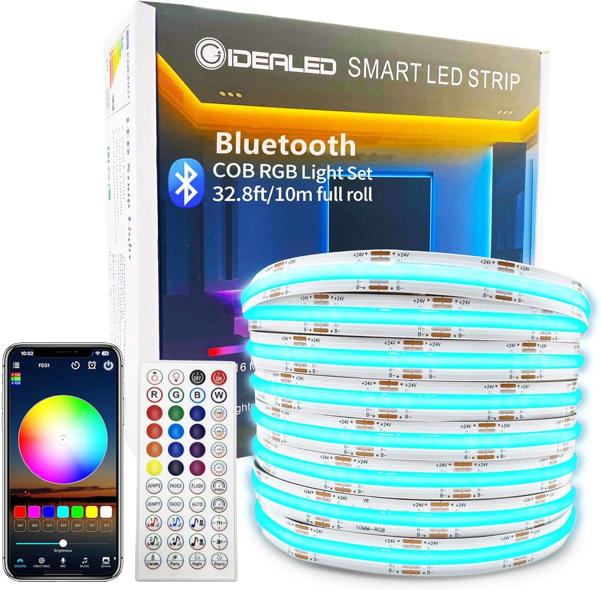 Thijox - Dimbare RGB COB LED Strip 10m - Flexibele 24V LED Band met 6700 Leds, Bluetooth & IR Afstandsbediening voor Feest, Tuin, Keuken en Doe-Het-Ze