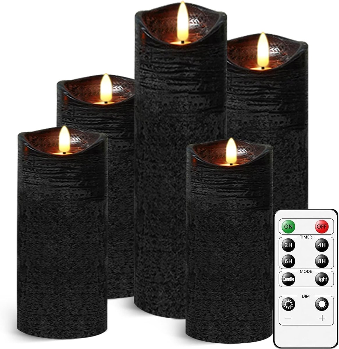 Thijox - LED Kaarsen Set van 5 Pijler Kaarsen met Afstandsbediening en Timer - Vlamloze Elektrische Kaarsen van Echte Was - Zwart voor Indoor Decorati