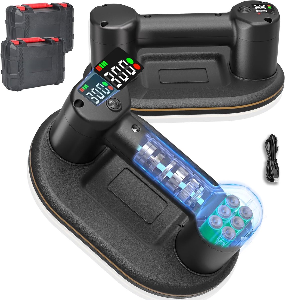 Thijox - 2 stuks Accuzuiglift met 300 kg Zuigkracht, Dubbele Motor, LCD-Display, 4000 mAh Lithium-Ion Accu, 24 cm Diameter voor Tegels, Glas en Marmer
