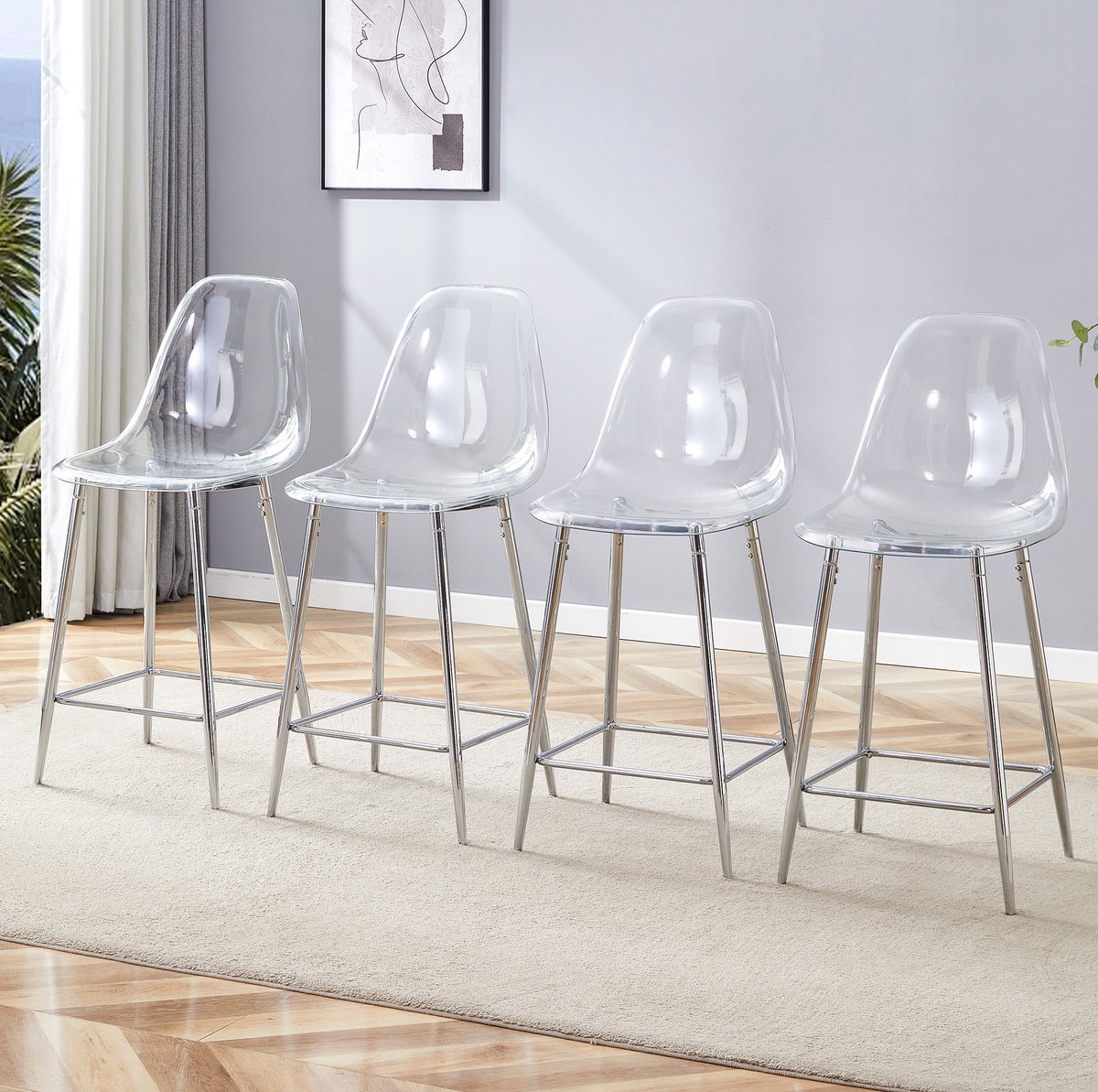 STILVORA Barkruk - Set Van 4 - Transparante Zitting Met Rugleuning En Voetsteun - Voor Keuken, Bar En Eetkamer - Kunststof En Metaal - Transparant Zilver