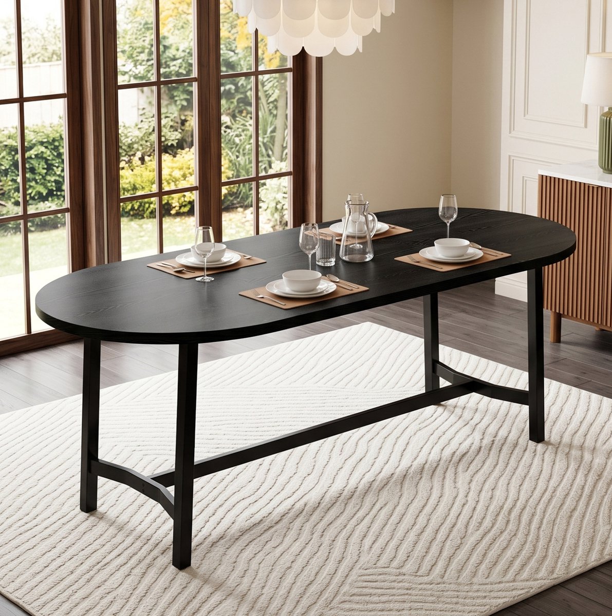 OKWISH Eettafel - 180x80x75 cm - Voor 6 Tot 8 Personen - Afgeronde Hoeken - Modern Design - MDF En IJzer Zwart