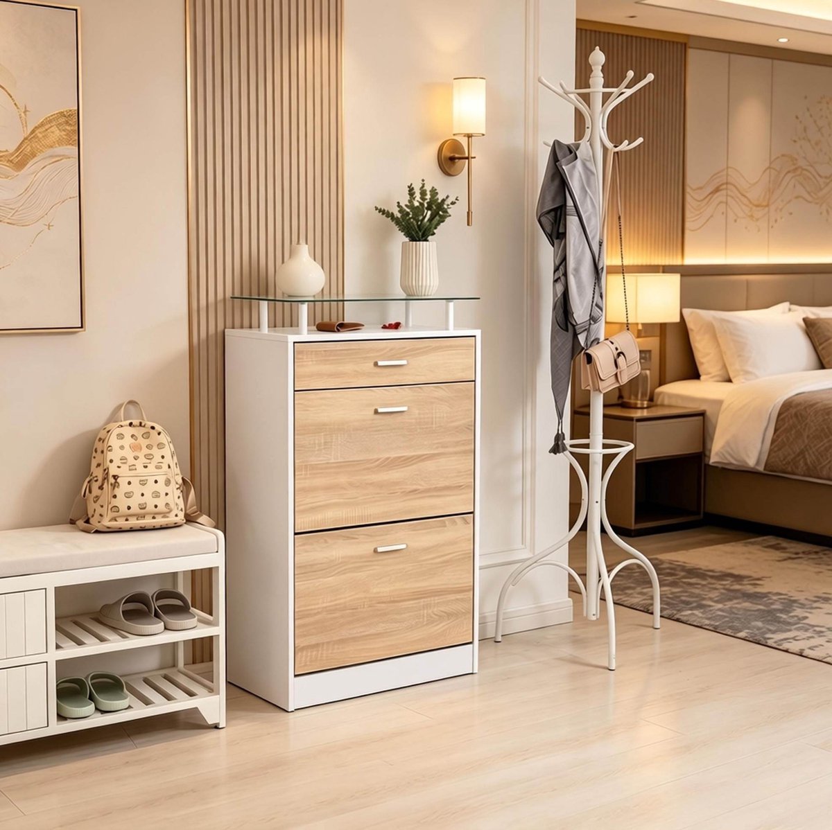 OKWISH Schoenenkast - Modern Design Met Glasplateau - 60 x 24 x 105,5 cm - 2 Kleppen Met Verstelbare Vakken - Spaanplaat Wit Licht Eiken