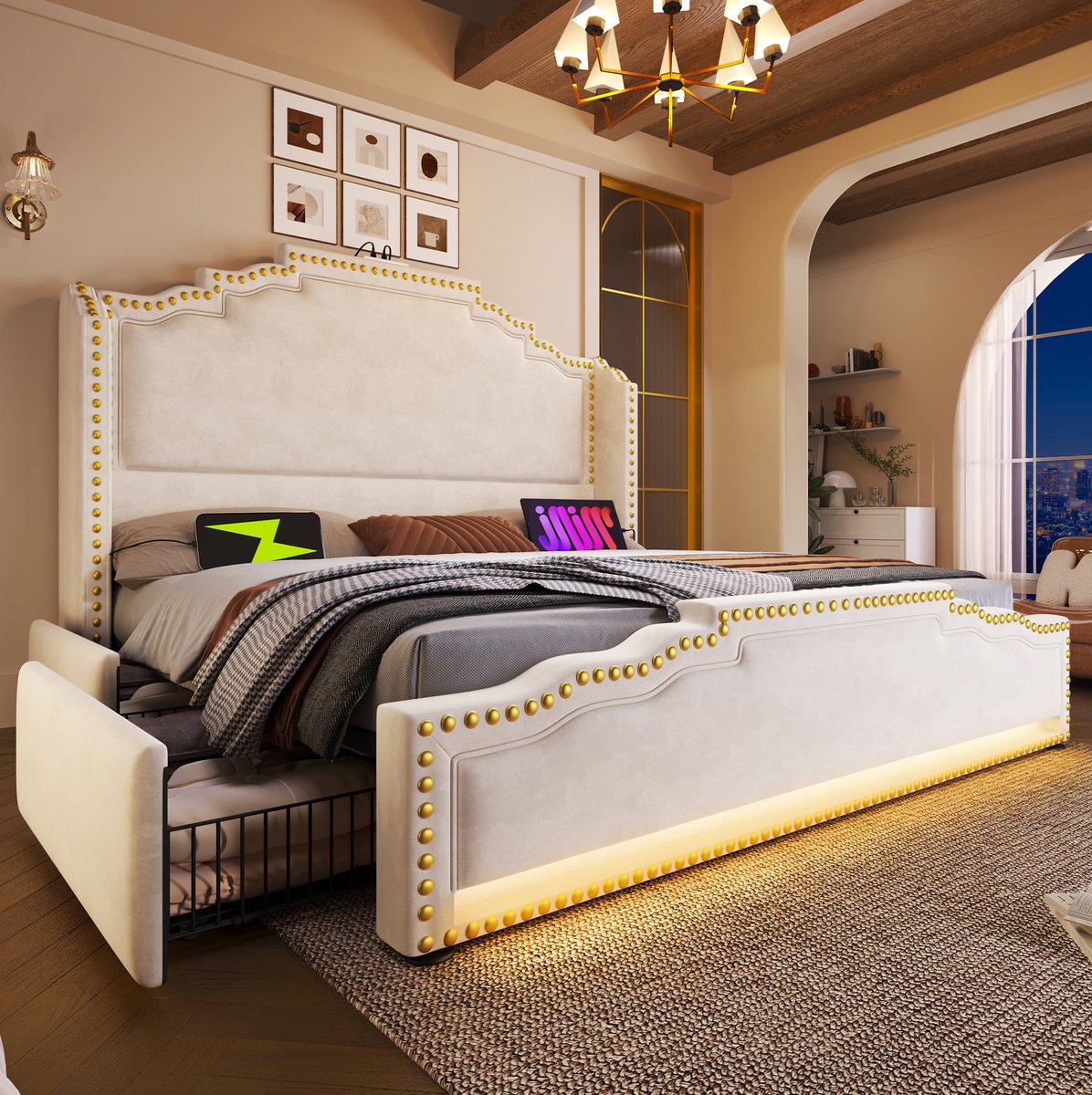 OKWISH Gestoffeerd Bed 180x200 cm - Tweepersoonsbed Met LED-Verlichting en USB-C Oplaadpunten - 4 Laden en Opbergruimte - Zonder Matras - Beige