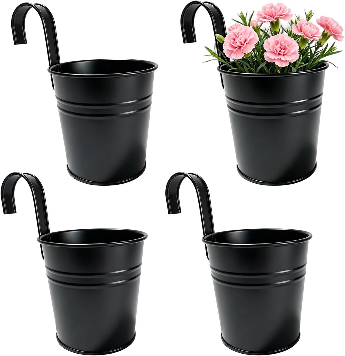 SnelShoppen - 4 Stuks Hängende Blumentopf 16cm - Zwart Metaal met Afneembare Haken en Drainagelöchern - Perfect voor Balkon, Tuin en Binnengebruik