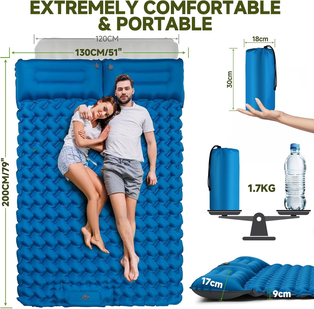 SnelShoppen - Ultralicht Campingluchtmatras met Kussen, Draagbare Luchtcelmat voor Outdoor, Waterdichte Slaapmat voor Tent, Wandelen, Strand, Camping