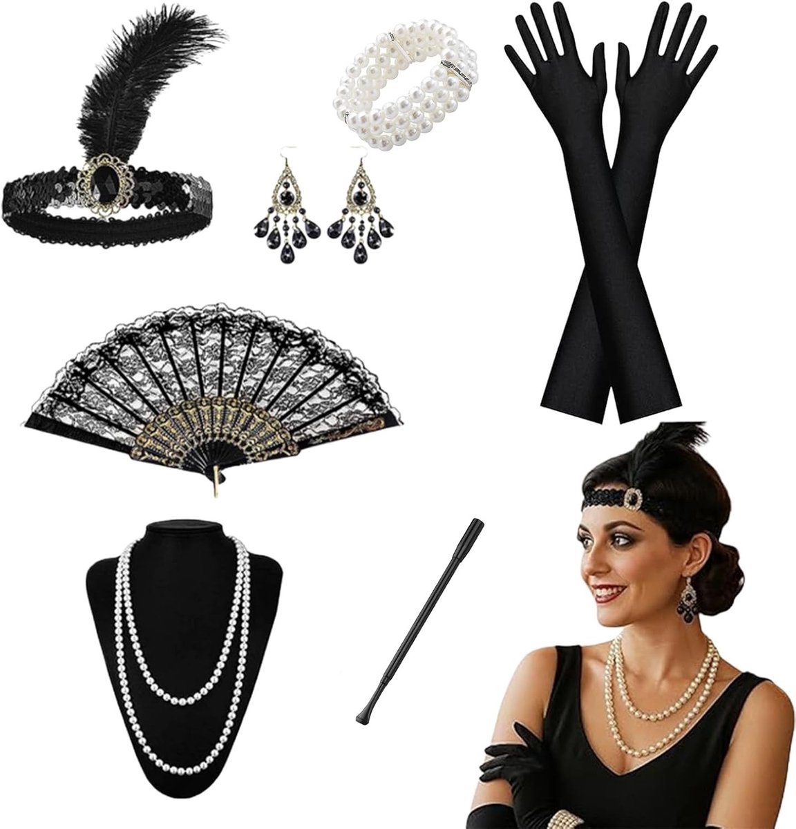 Stijlvol jaren 20-dameskostuum met flapper hoofdband, handschoenen en parelketting voor carnaval en themafeesten