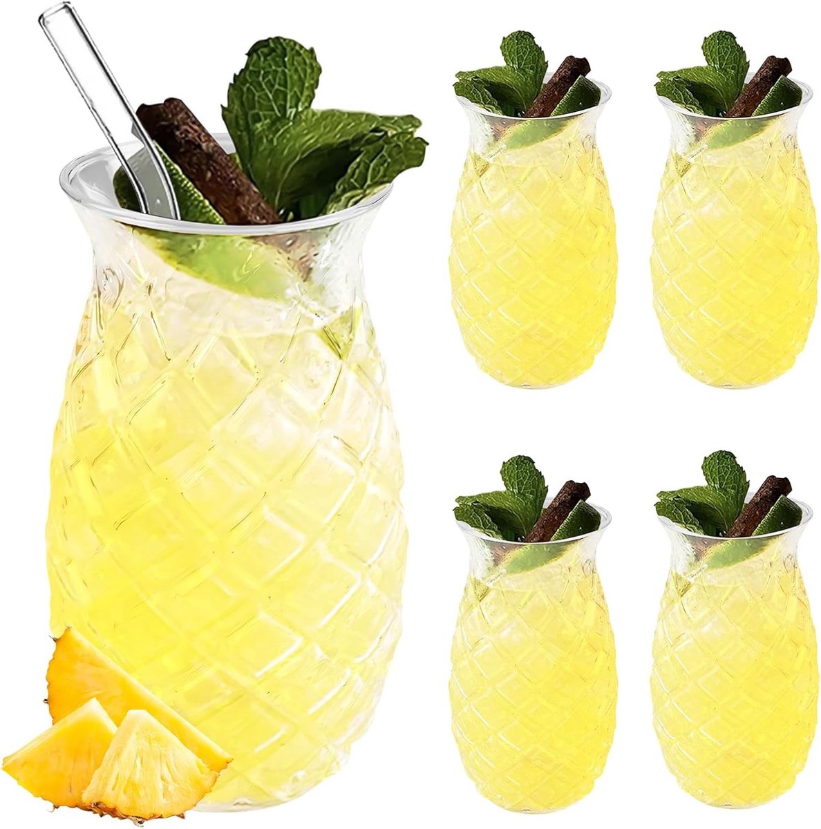Set van 4 glazen met ananasdesign: 400ml cocktailglazen, herbruikbare feestglazen, ideaal voor sap, cocktails en evenementen