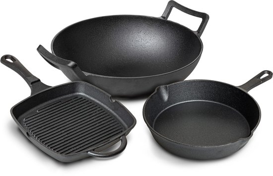 Blackwell Gietijzeren Pannenset - Grillpan Koekenpan Wok - Cast Iron Set - Zwart - Ovenbestendig - 3-Delig 23 x 23 / Ø25 / Ø32 cm