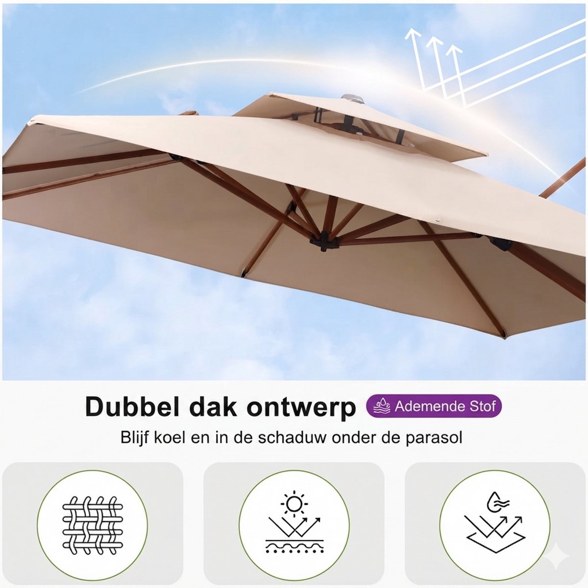 Purple Leaf Parasol déporté inclinable aspect bois 300x300 cm - Kaki