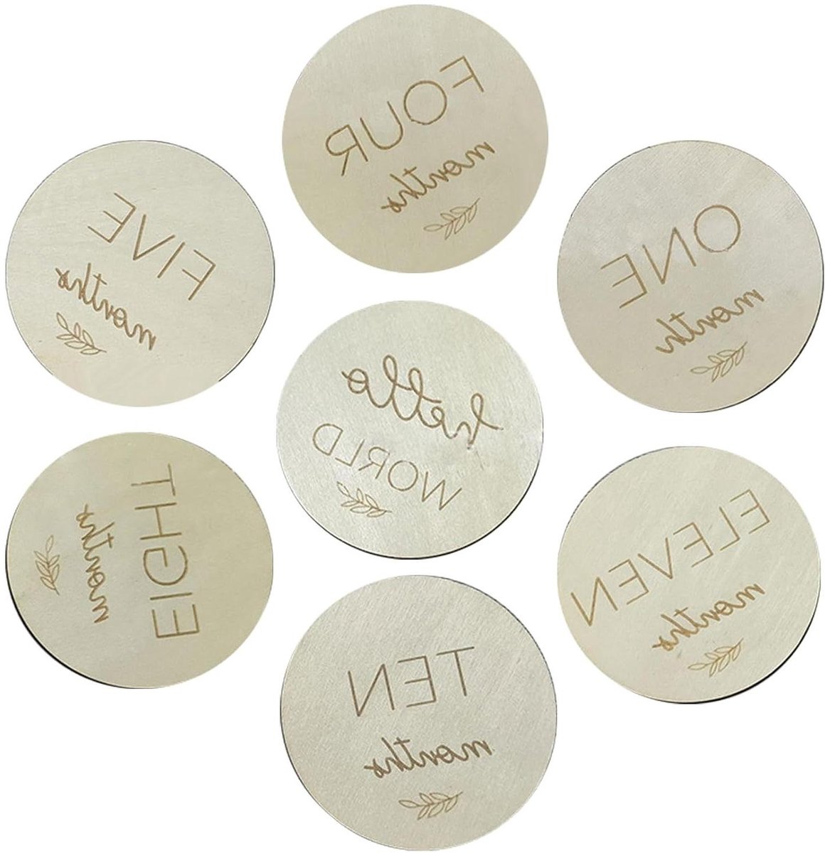 Baby Mijlpaalkaarten - Herdenkingsmunt Hout - Baby Groei Vastleggen - Dubbelzijdig Lasergravering - 7 Stuks - Houtkleur