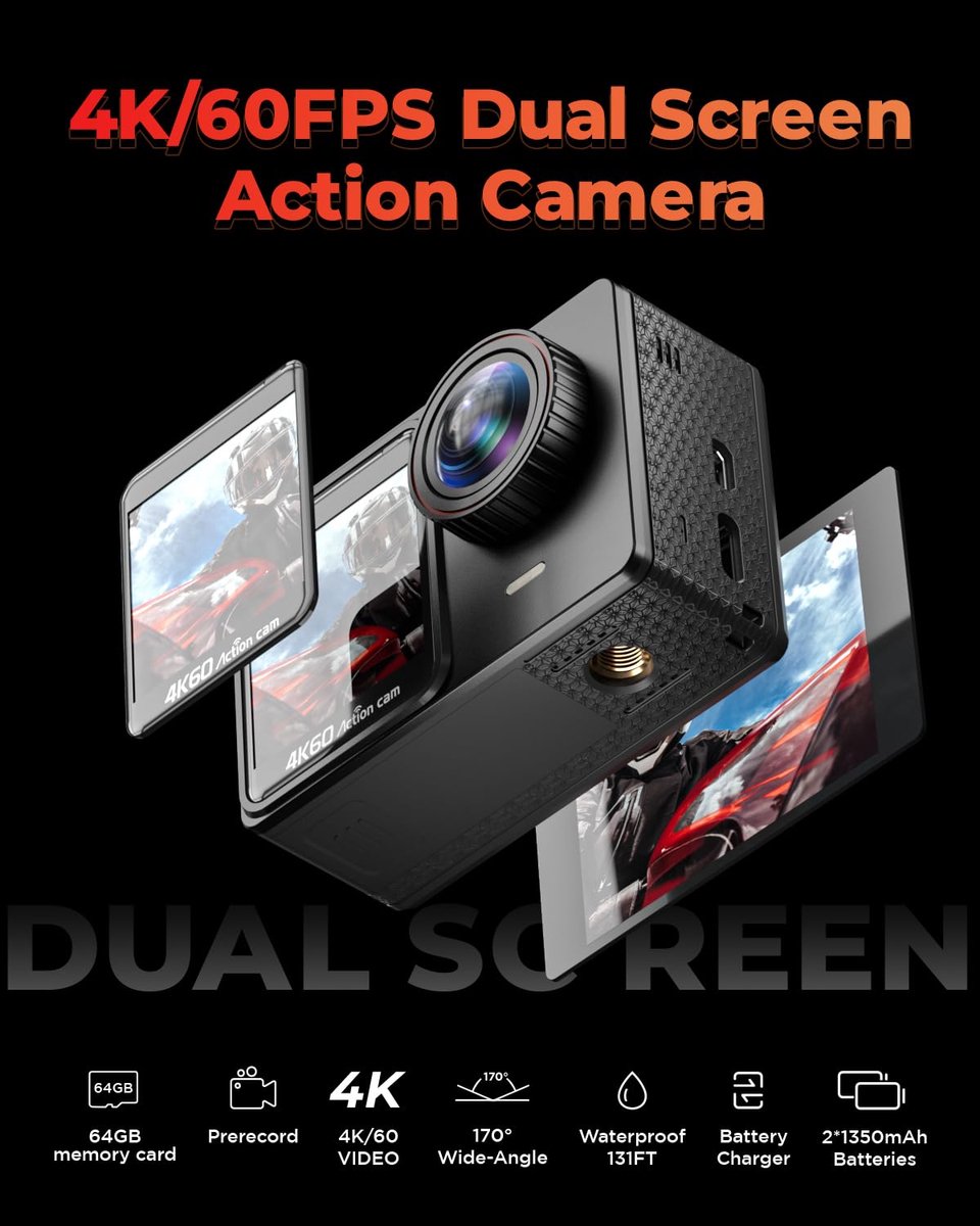 SnelShoppen - 4K 60FPS Touchscreen Actiecamera met 64 GB SD-kaart, Dual Screen, Pre-Recording, 24MP Onderwatercamera, 131FT Waterdicht, 170° Sportcame
