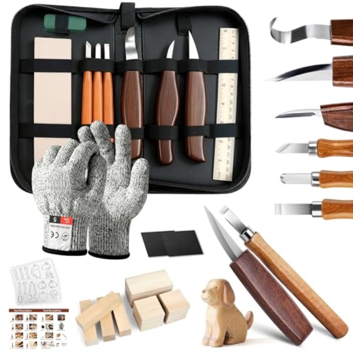 PromoHome Houtsnijset 23-delig – Snijgereedschap voor beginners met messen, handleiding, handschoenen en lindehout – Cadeau voor volwassenen