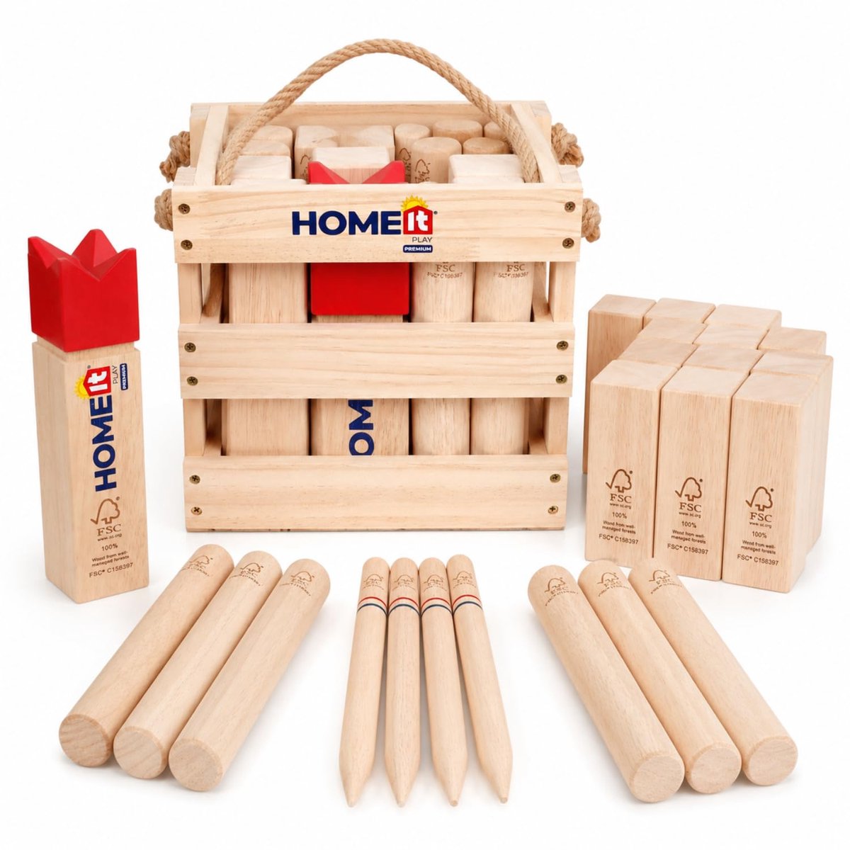 SnelShoppen - Kubb Vikingschaakset voor Buiten van FSC-Rubberboom met 10 Kubbs, 6 Worpstokken, Markeringspins en Robuuste Draagtas voor Tuin en Outdoo