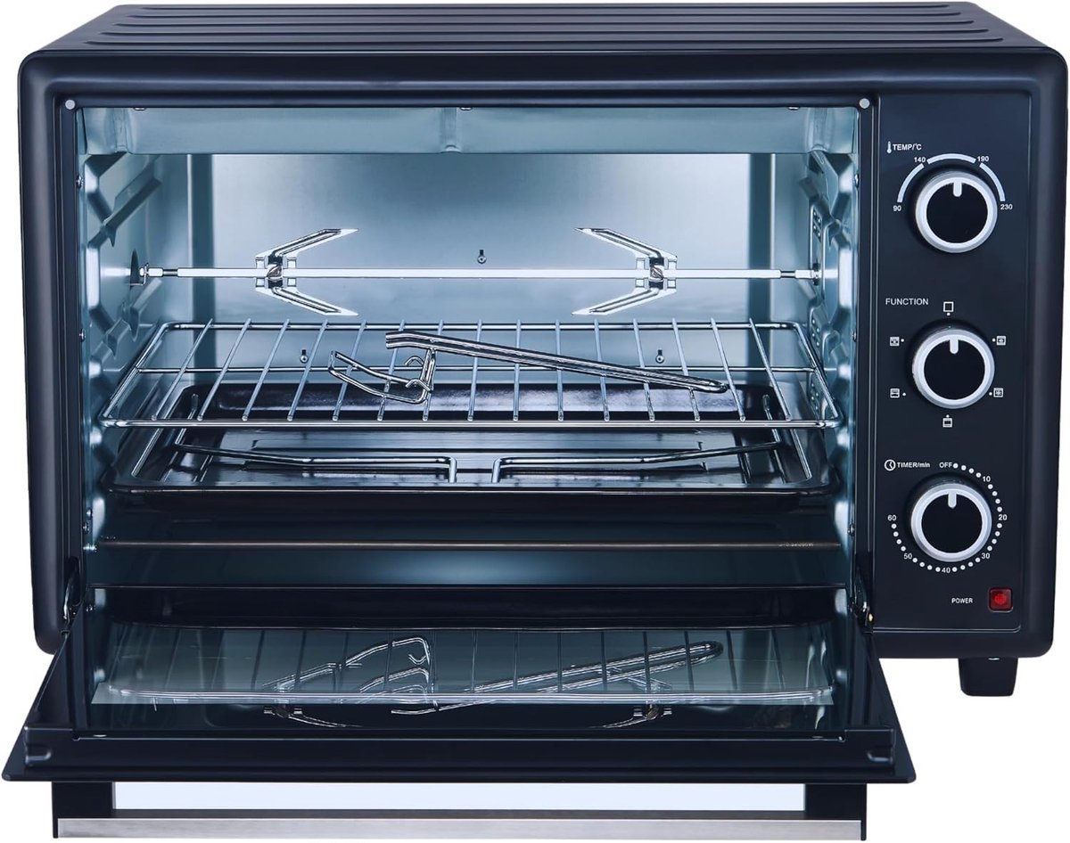 SnelShoppen - Mini Oven 60 L - Heteluchtoven met Draaispit - 2200 W - Zwarte Keukenoven voor Feest, Camping en Gezelligheid