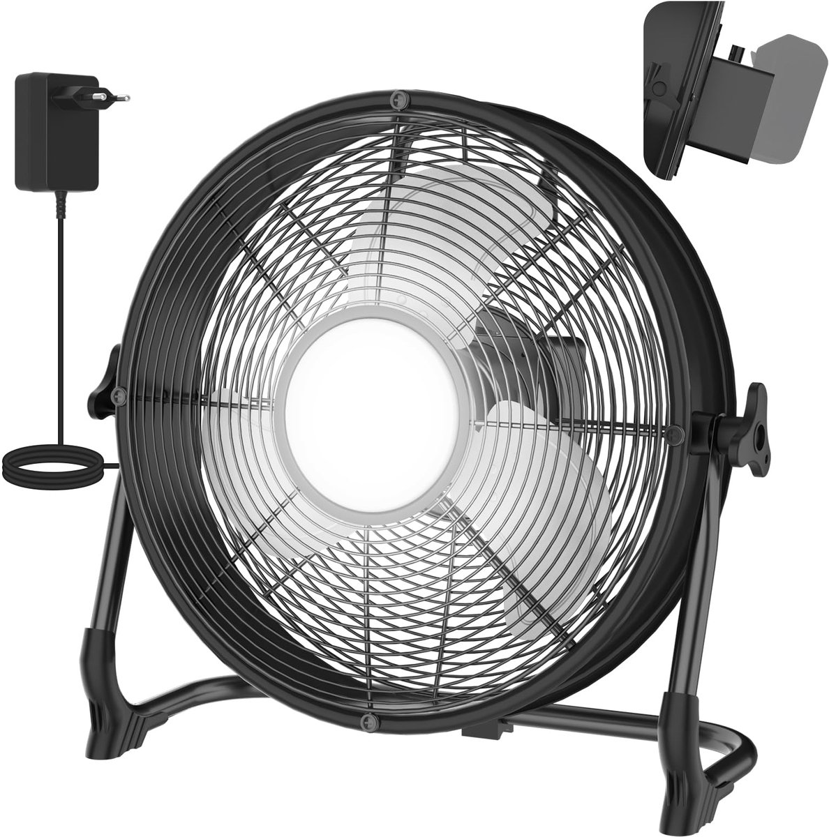 SnelShoppen - 30 cm Vloerventilator Draadloos met 18 V Netadapter, Traploze Snelheidsregeling, Stil, 8 W Lamp & USB Type-C voor Thuis, Kantoor en Maga