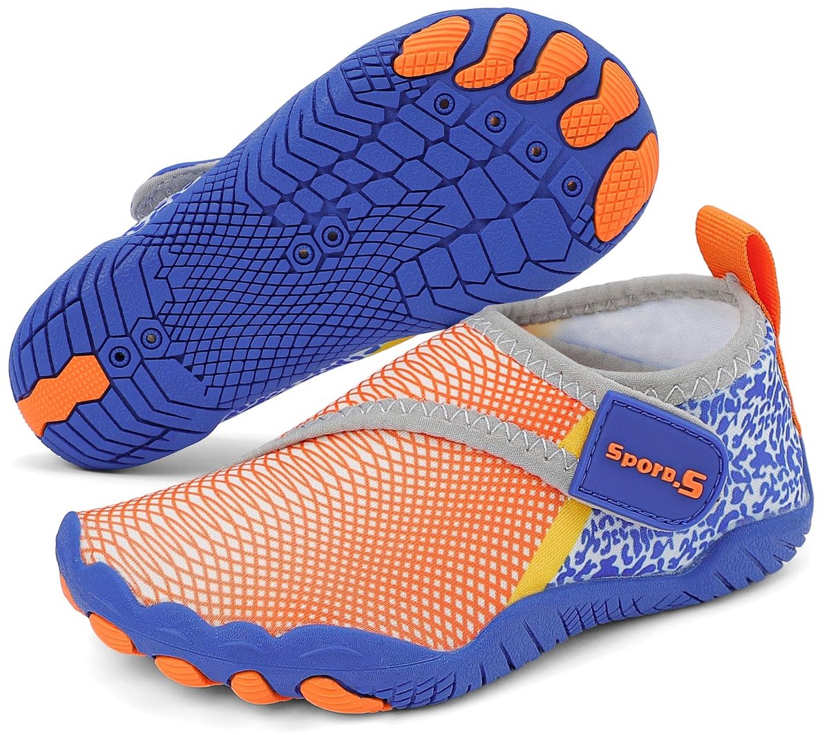 SnelShoppen - MASOCIO Badschoenen voor Kinderen, Antislip Zwemschoenen voor Jongens en Meisjes, Sneldrogend, Maat 27-37 EU, Oranje/Blauw, Ideaal voor
