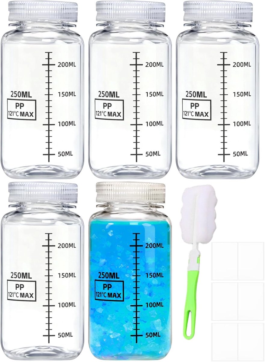 5 stuks 250 ml fles met wijde hals kunststof laboratoriumreageerbuisjes met schaal