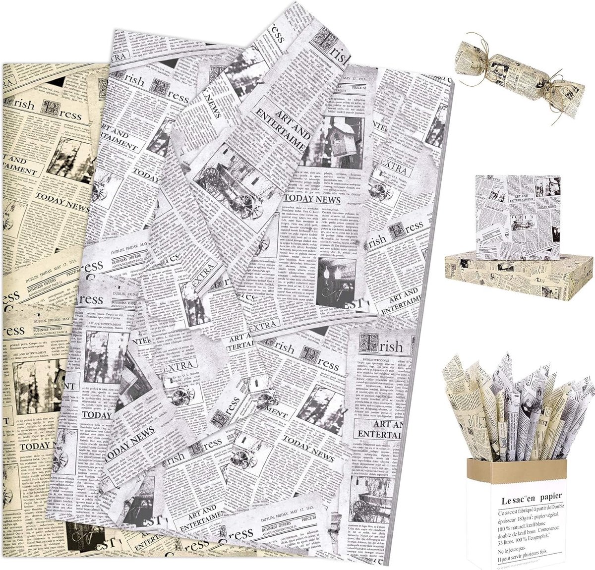 Tissuepapier 100 vellen, vintage krantenpapier voor het inpakken van cadeau en verpakking, krantenpapier, bloemeninpakpapier, met patroon voor geschenktas, handwerk, doe-het-zelf, 50 x 35