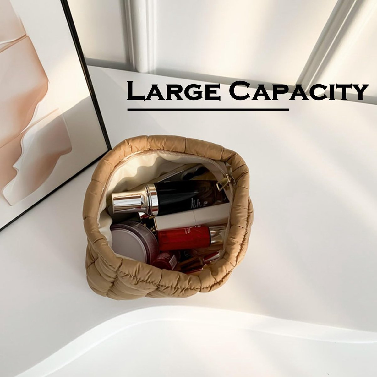 gewatteerde make-uptas, cosmetische tas, reistoilettas organizer tas, clutch voor vrouwen, roze, Gezwollen gewatteerde make-uptas (Bruin)