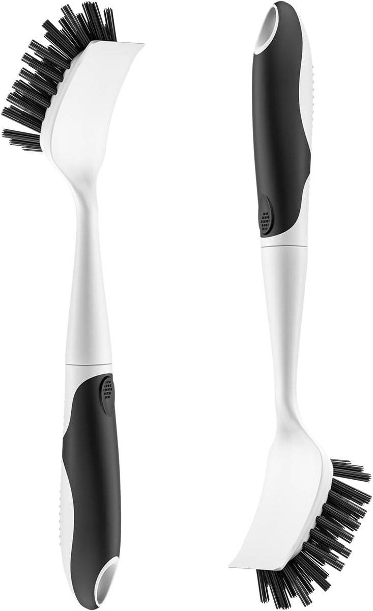 Schotel schrobborstel, set van 2 stijve haren, reinigingsschrobberborstels met antislip handvat, ingebouwde schraper, keukenafwasborstels voor het reinigen van pannen, potten, fornuizen