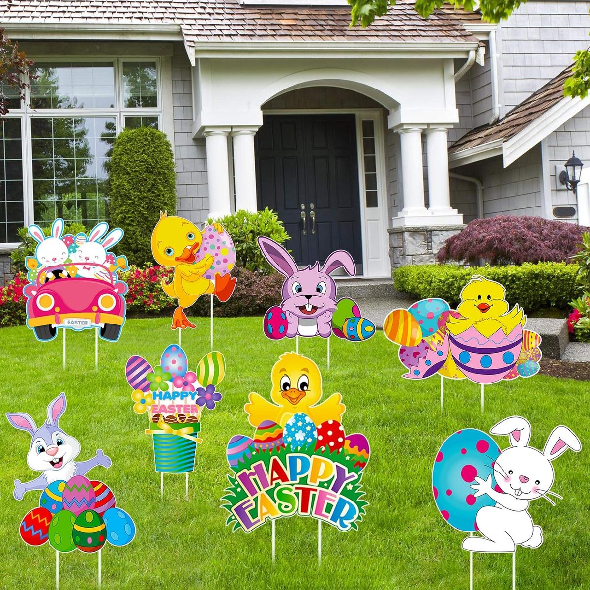 Paaswerf teken decoraties voor paastuin outdoor decor, 8 stuks paasgazon bord met palen voor Pasen Spelactiviteiten Decoraties Party rekwisieten, gelukkig paasei konijn kuiken eend werf teken