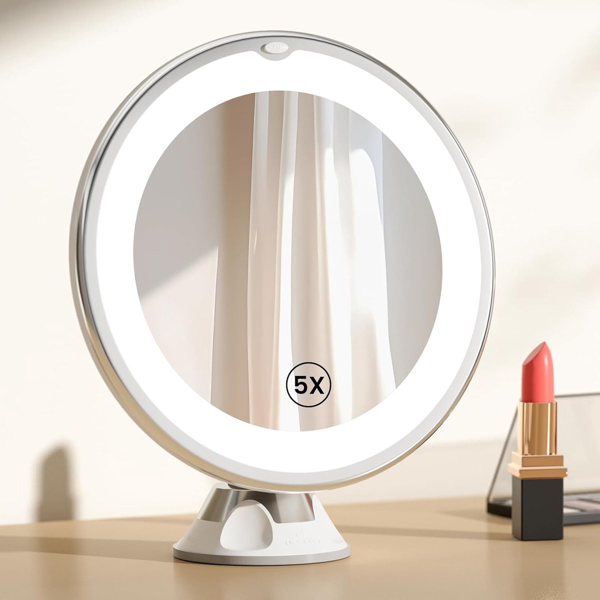 Tafelspiegel Met Verlichting en 5-Voudige Vergrotingsspiegel, 360° Draaibare LED Make-upspiegel Met Zuignap, Draagbaar Voor Onderweg (Wit)