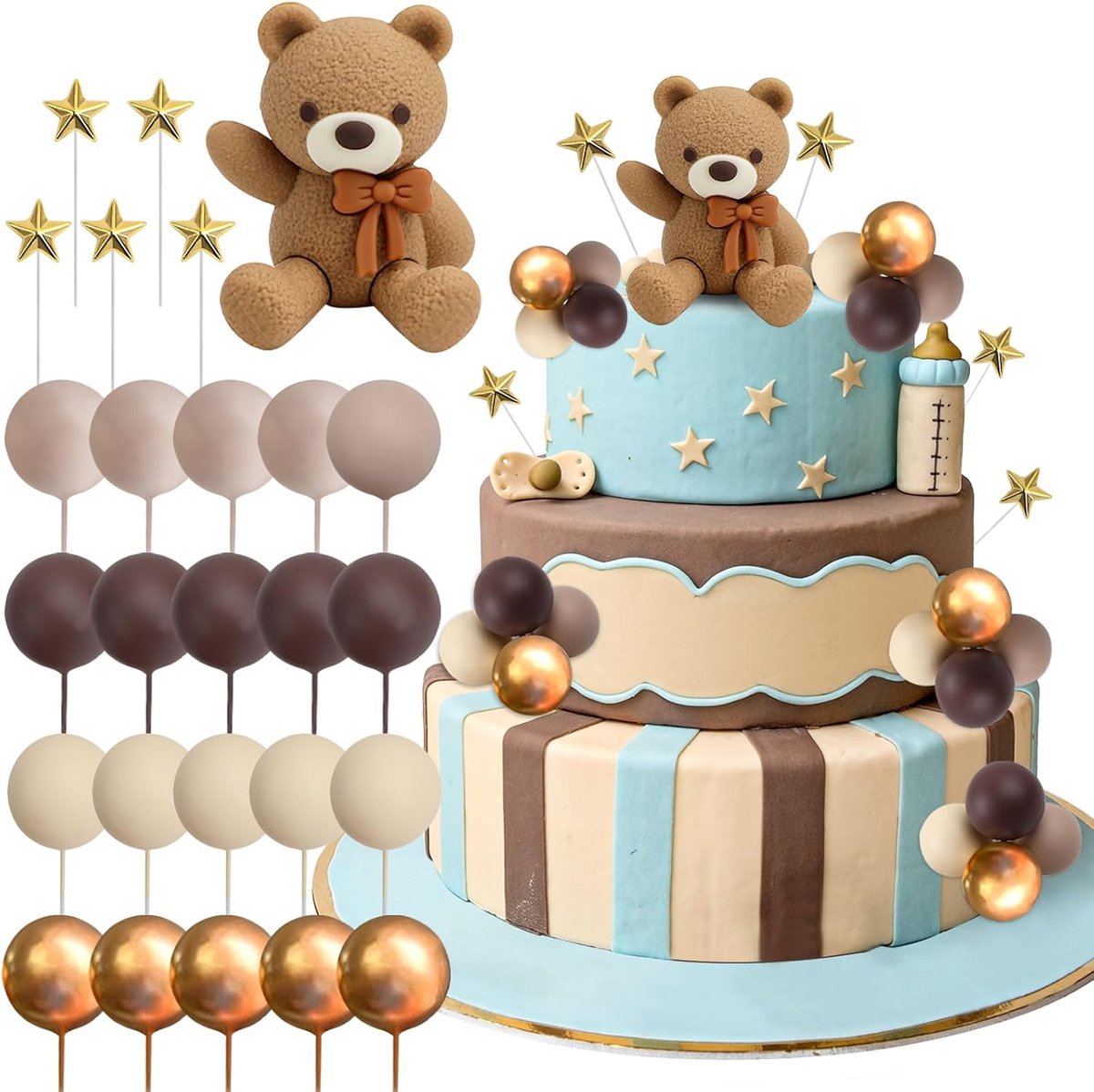 taartdecoratie, 26 stuks, taarttoppers voor verjaardag, met ballen, teddybeer, taartdecoratie, doop, jongen, genderreveal voor verjaardagsfeest, themafeesten (donkerbruin)