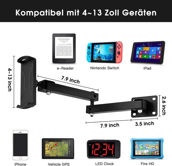 Tabletwandhouder voor 4-13 inch, 360 graden draaibaar, intrekbaar, 10-45 cm, iPad, Samsung Tab houder, muur voor zakelijk en thuis, trainen in de woonkamer en koken in de keuken (zwart) — afbeelding 5