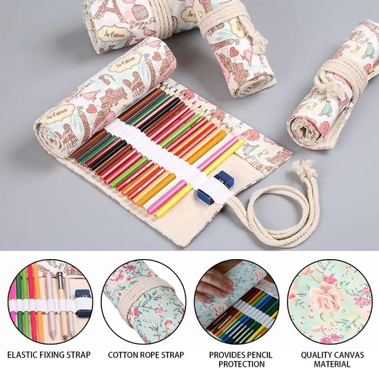 Etuis van canvas voor potloden | etui op rol, wasbaar, bloemenpatroon, voor aquarelpotloden, potloden en kleurpotloden — afbeelding 3