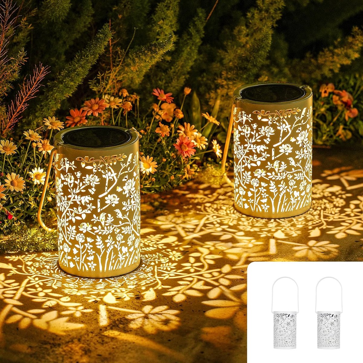 Lantaarns op zonne-energie voor buiten, vogel en bloemen zonnelantaarn IP65 waterdicht, metalen zonnelampen voor buiten, hangend/staand voor balkon, terras, tuindecoratie, geschenken