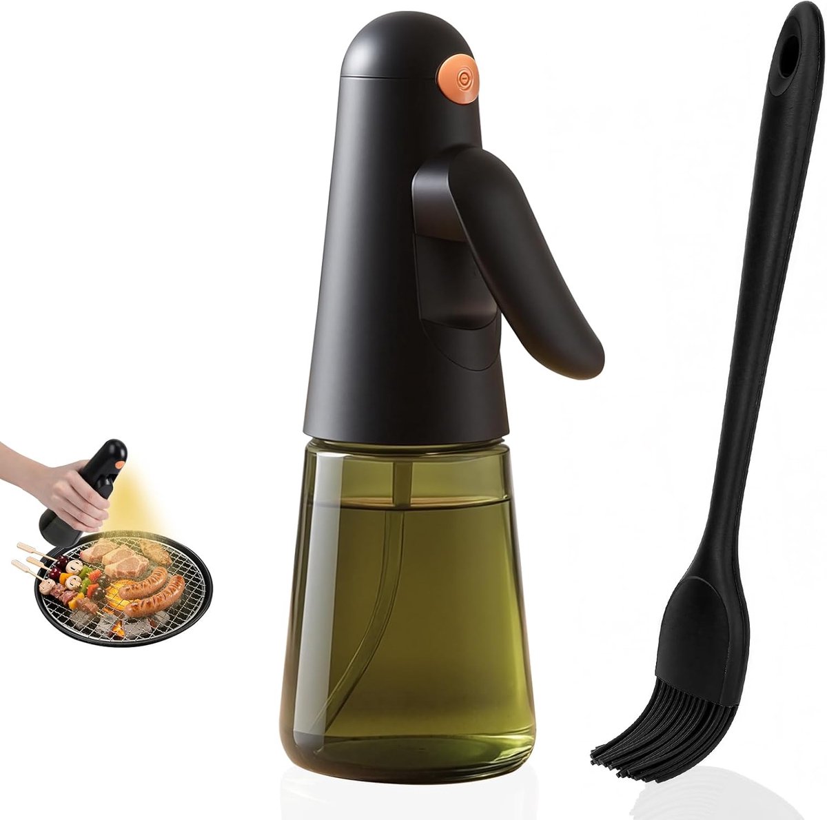 Olie Sprayfles voor Koken - 200ml Lichtblokkerende Glazen Olijfoliesproeier, 360° Anti-Lek Ontwerp, Olie Distributeur voor Keuken, Airfryers, Salades, BBQ's, met Olieborstel (Zwart)