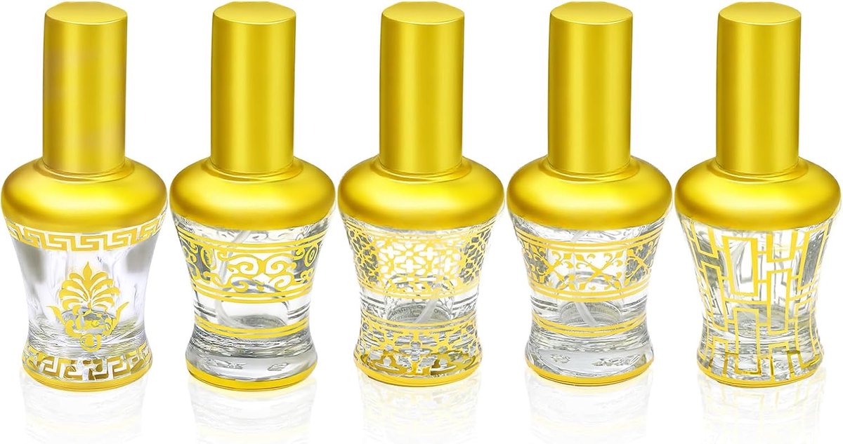 sprayflessen voor etherische oliën 13 ml,5 stuks goudkleurige, met hot stamping bedrukte lege sprayflessen met fijne nevel en UV-bescherming, navulbaar glas voor aromatherapie en haarverzorging