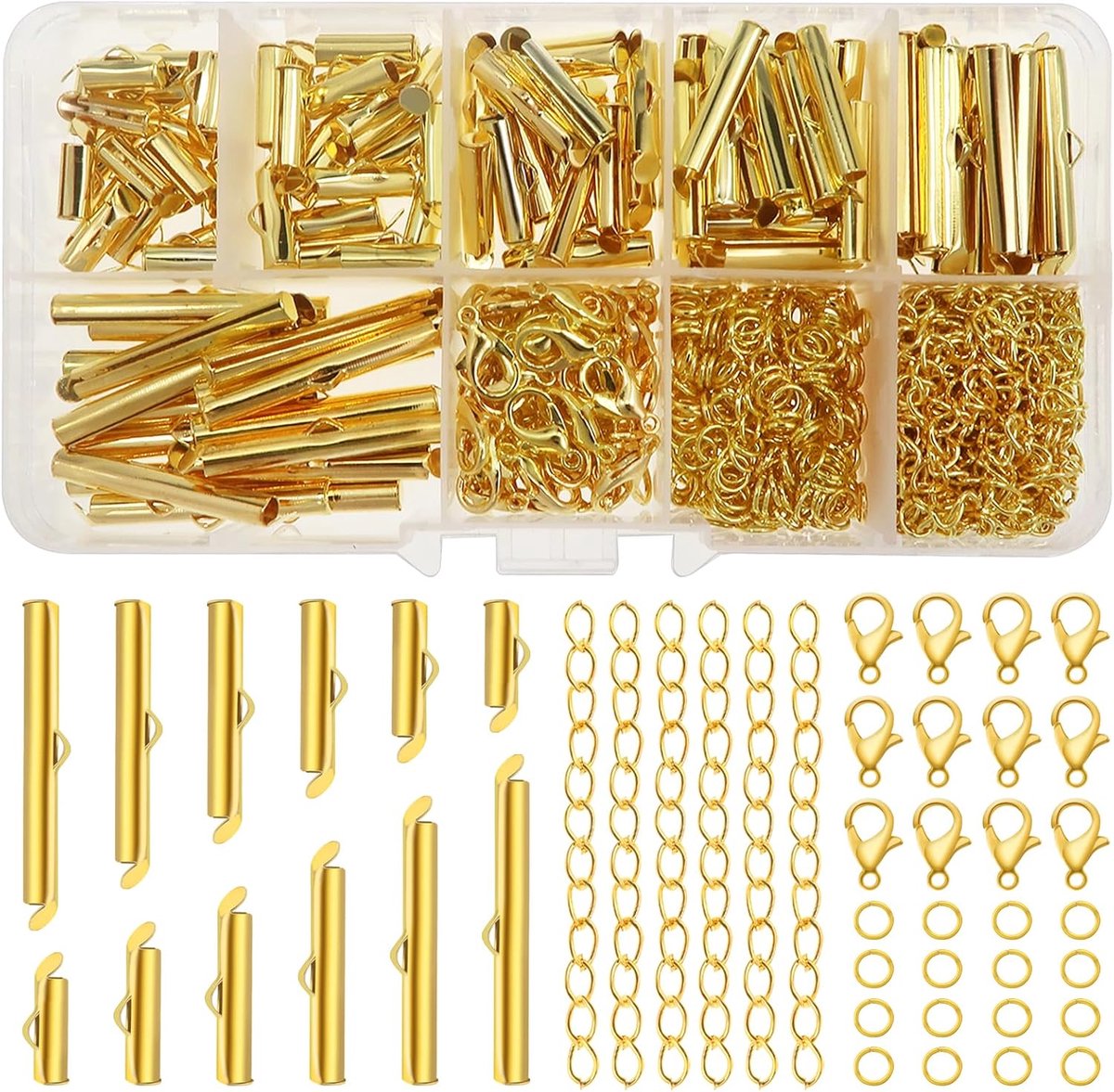 540 stuks schuifsluitingen voor armbanden van metaal, buis met schuifsluiting, 6 maten, met open springring, kreeftensluiting, kettingverlenger, goud, voor het maken van sieraden en