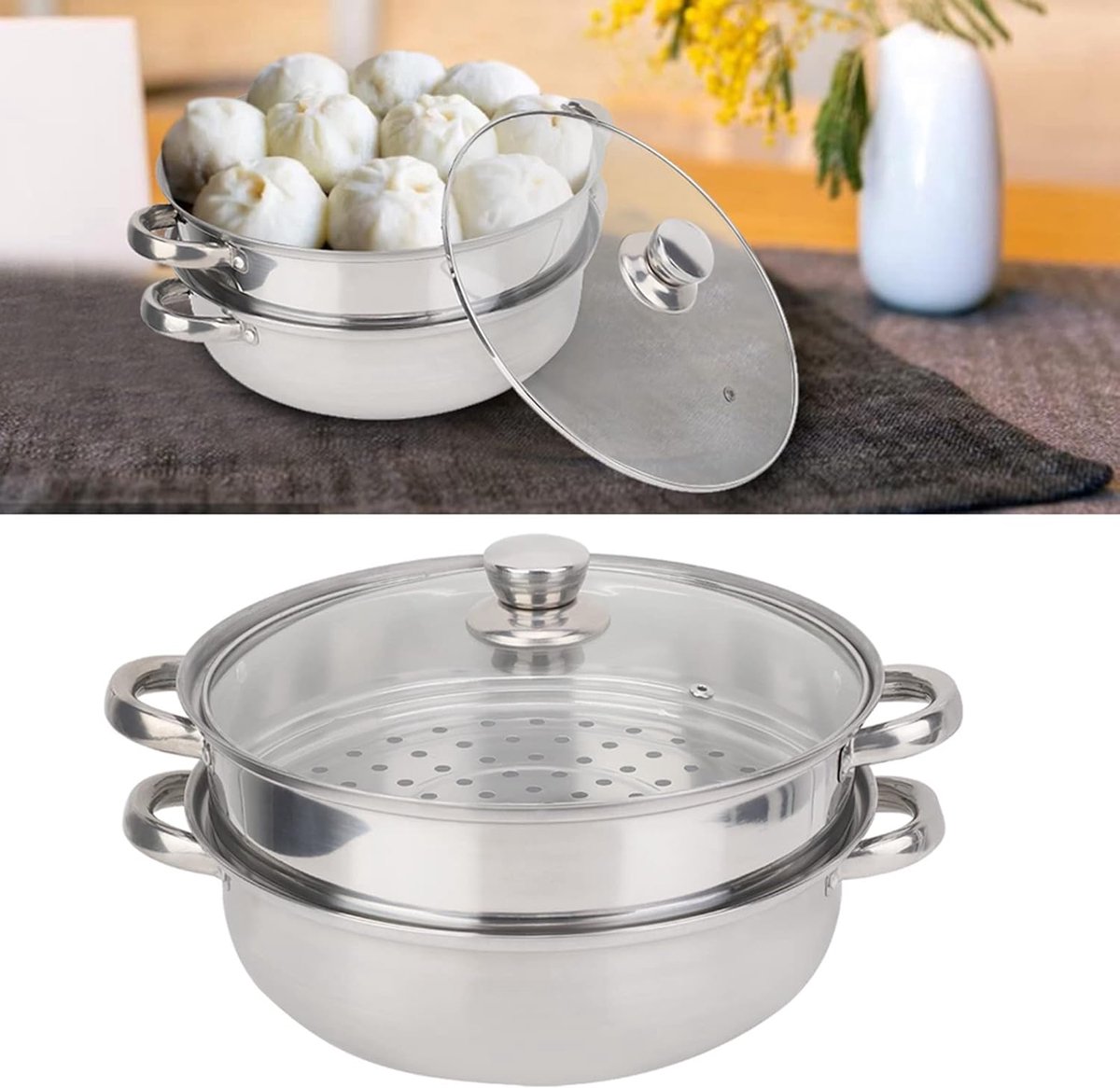 stalen kookgerei 27 cm/11 in 2 lagen stoompan pan kooktoestel dubbele ketel soep stomen voor koken en eten stoom op gas, elektrisch, grillfornuis