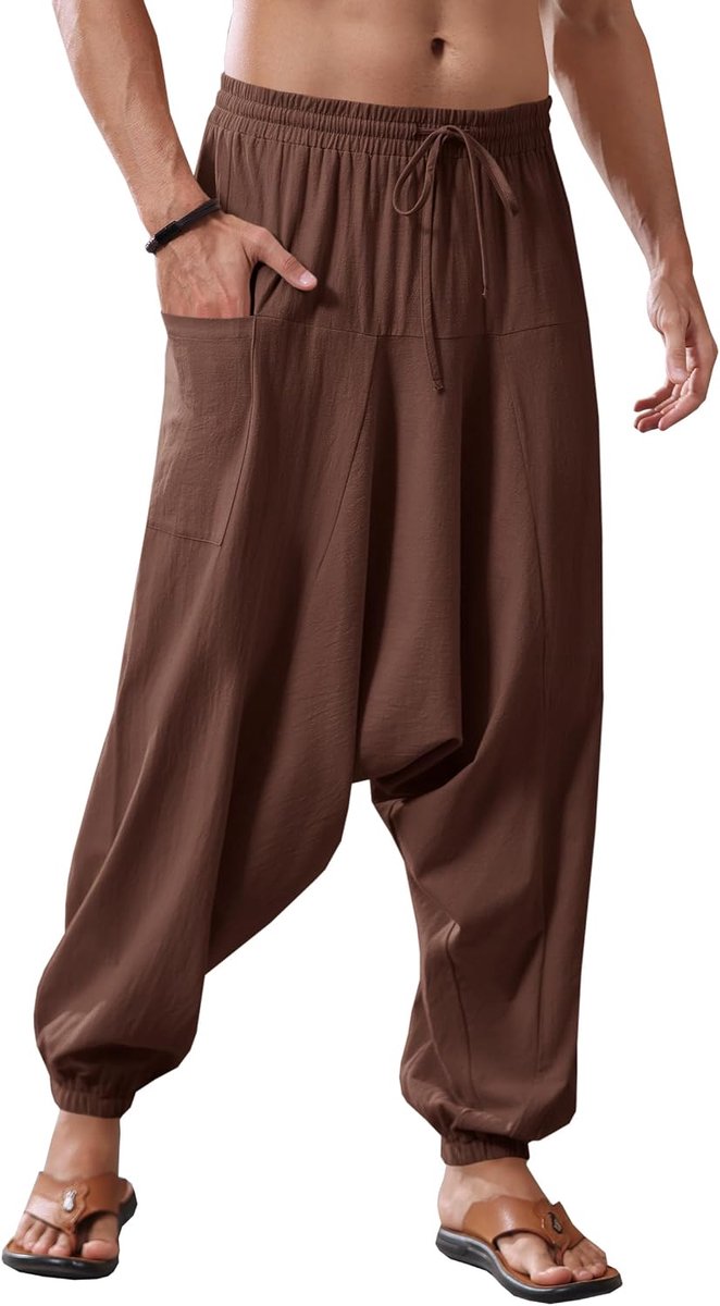 Katoenen harembroek voor heren, baggy, hippie, casual, linnen, yogabroek, strand, diep kruis