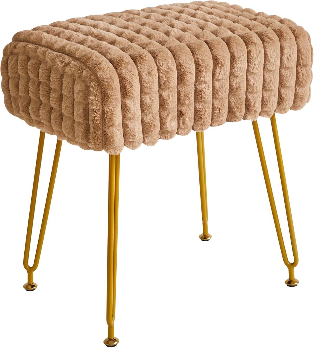 Make-upstoel, rechthoekige voetensteun, kaki, WBD003K | Dressoir van fluweel, kruk, poten van verguld staal, make-upruimte, slaapkamer, vierkant patroon