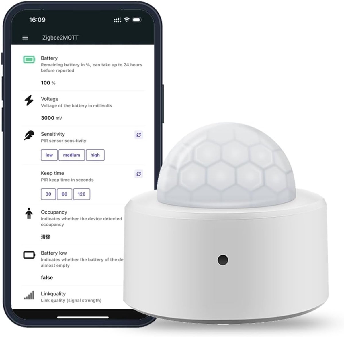 Zigbee PIR Smart bewegingssensor, hoge gevoeligheid, real-time detectie, Zigbee-hub vereist, ondersteunt Home Assistant en Zigbee2MQTT
