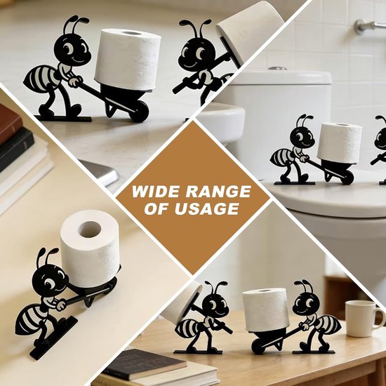 Collage van zwarte ant-toiletrolhouders in diverse badkamer- en bureau-instellingen.
