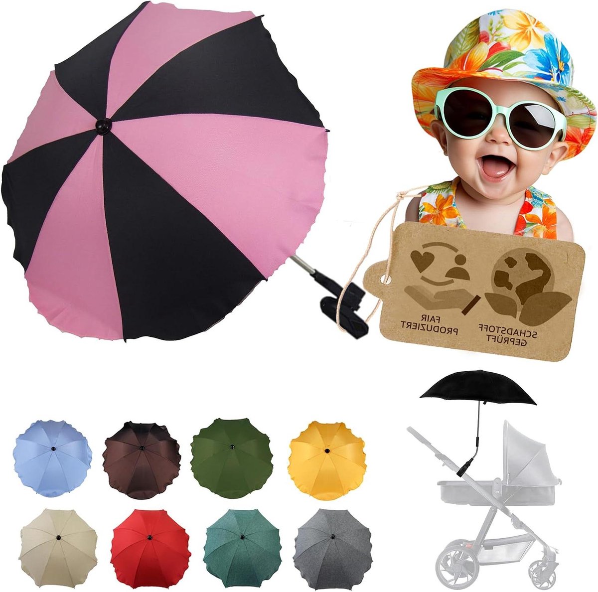 Kinderwagen Parasol - Buggy Zonwering - Baby Beschermen - UV Bescherming 50+ - Universele Houder - Zwart Roze