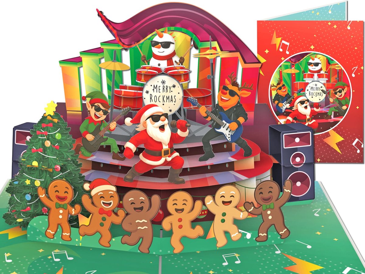Popcards Pop-up Kaart - Supergrappige Kerstkaart Swingende Kerstman Rockband  3D-Kaart (wenskaart, Vrolijk, Humor, Kerst, Fijne Feestdagen)