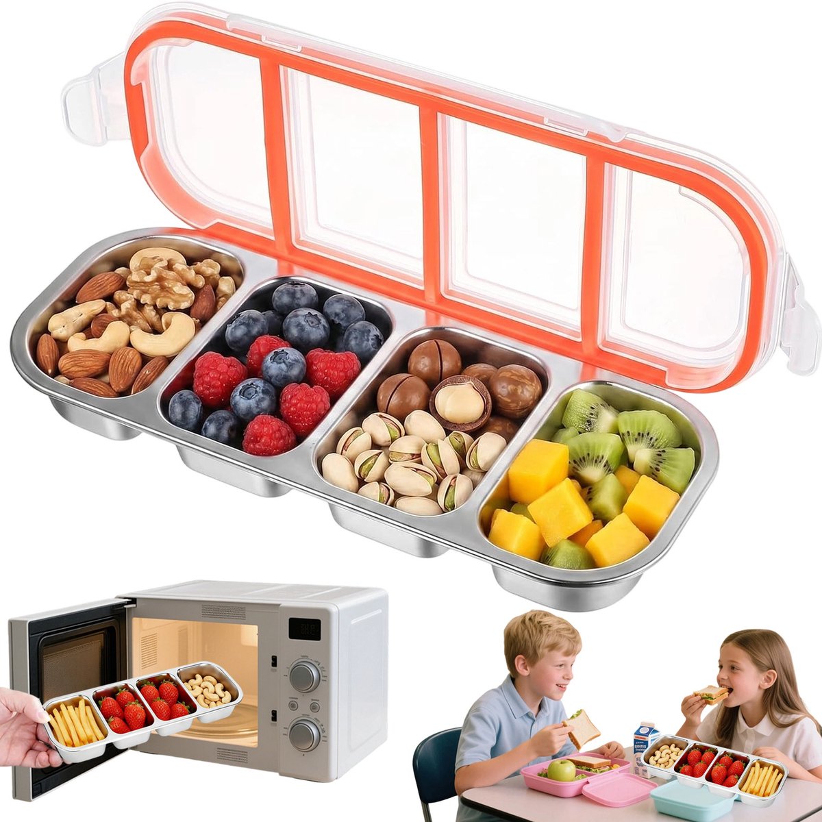 Lunchbox - Maaltijdcontainer - RVS - 500ml - 4 Compartimenten & Lekvrij - 304 Roestvrij Staal - Kliksluiting & Siliconenring - Magnetron & Vaatwasserbestendig - Voor Kantoor, School & Afvallen