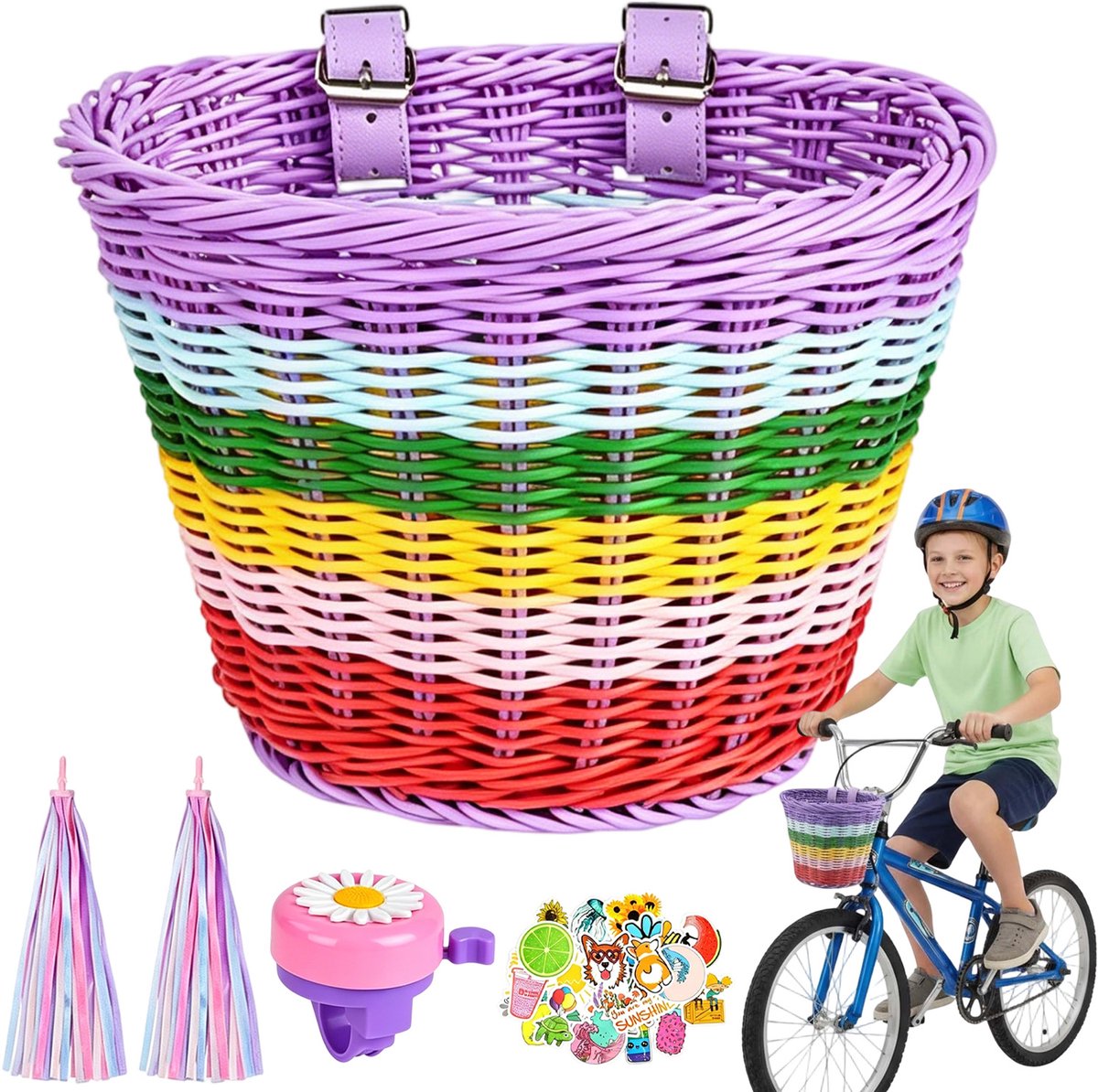 Kinderfietsmand - Plastic Rotan Waterdicht - DIY Set Incl. Stickers & Bel - Verstelbare Riemen & Snelbevestiging - Valbestendig & Afwasbaar - Voor 12-20 Inch Fietsen