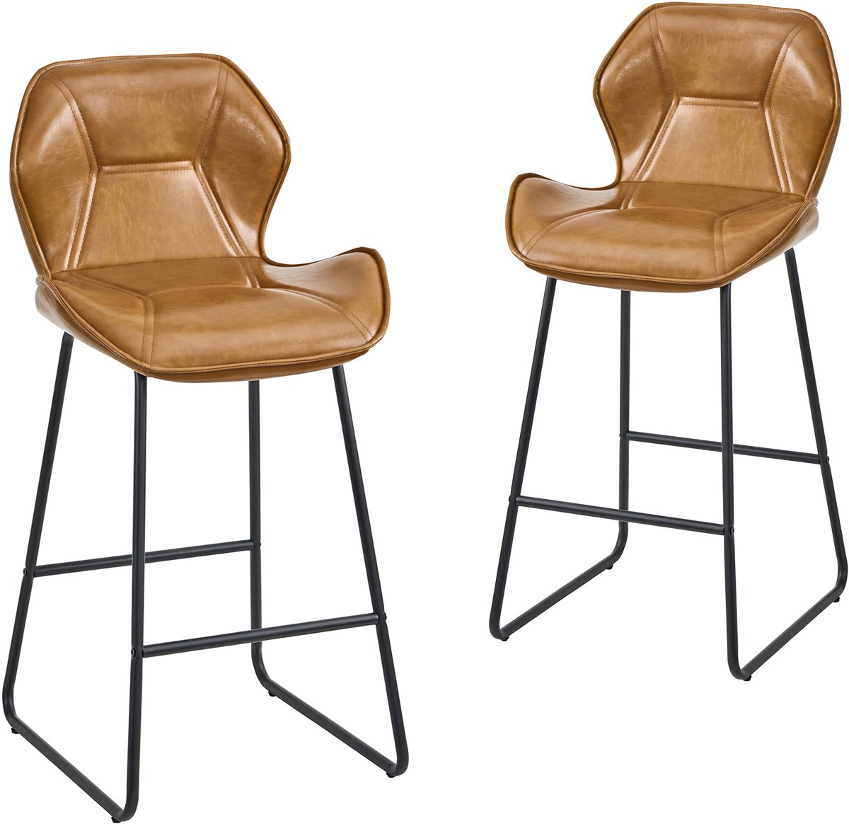 2-delige set barkrukken van kunstleder, moderne barstoelen met rugleuning, metalen frame en voetsteun, voor keuken, bartafel, thuisbar en eetgedeelte, cognacbruin
