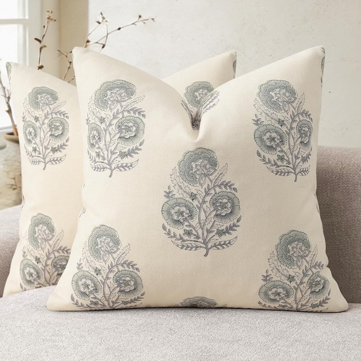 SnelShoppen - Set van 2 Vintage Bloemenprint Kussenslopen 40x40 cm - Decoratieve Kussenhoezen voor Bank, Stoel en Bed - Modern Design in Aquamarijnbla