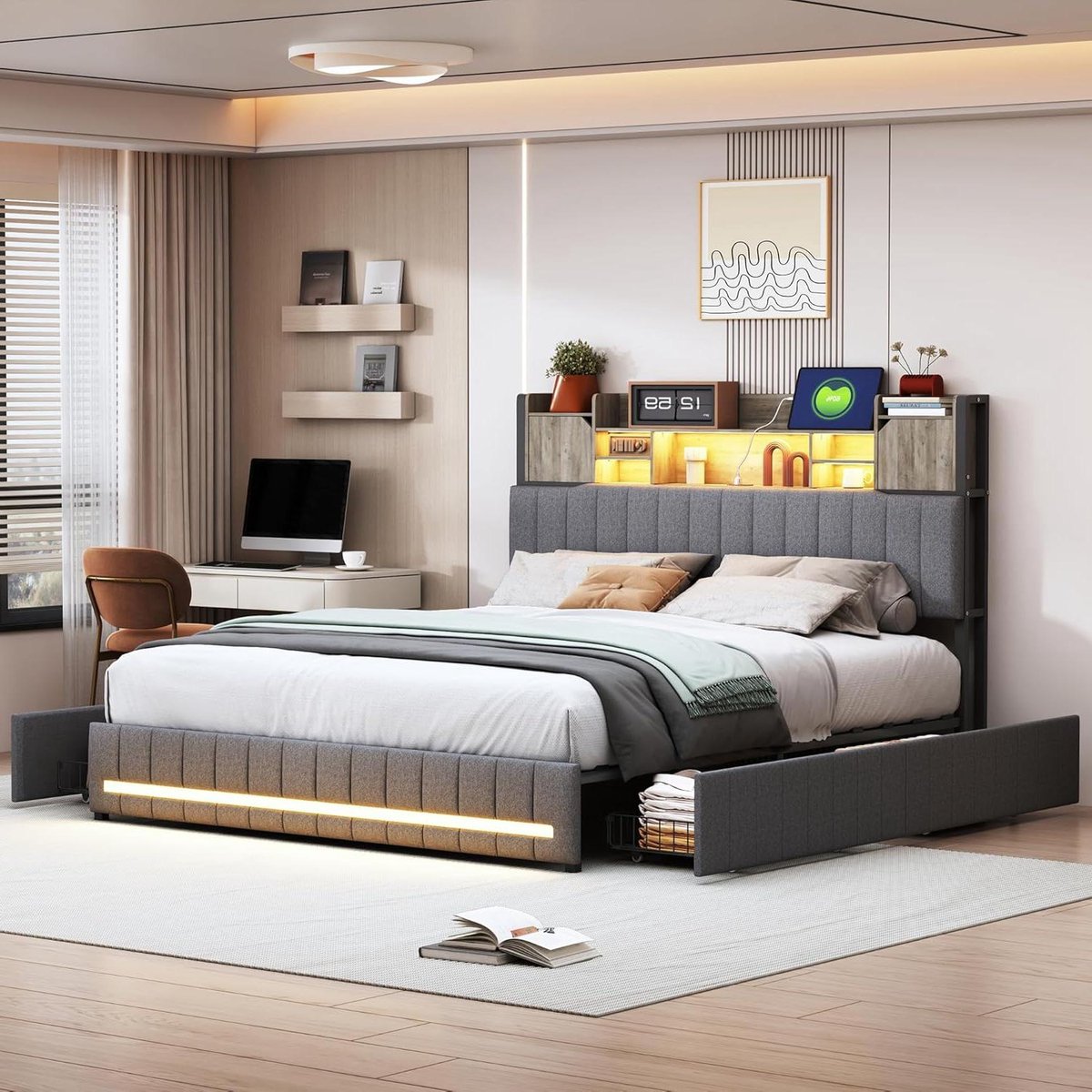 Dubbel Bed - Linnen Bed - Slaapkamer Opbergen - Geïntegreerd LED - 140x200 cm - Grijs
