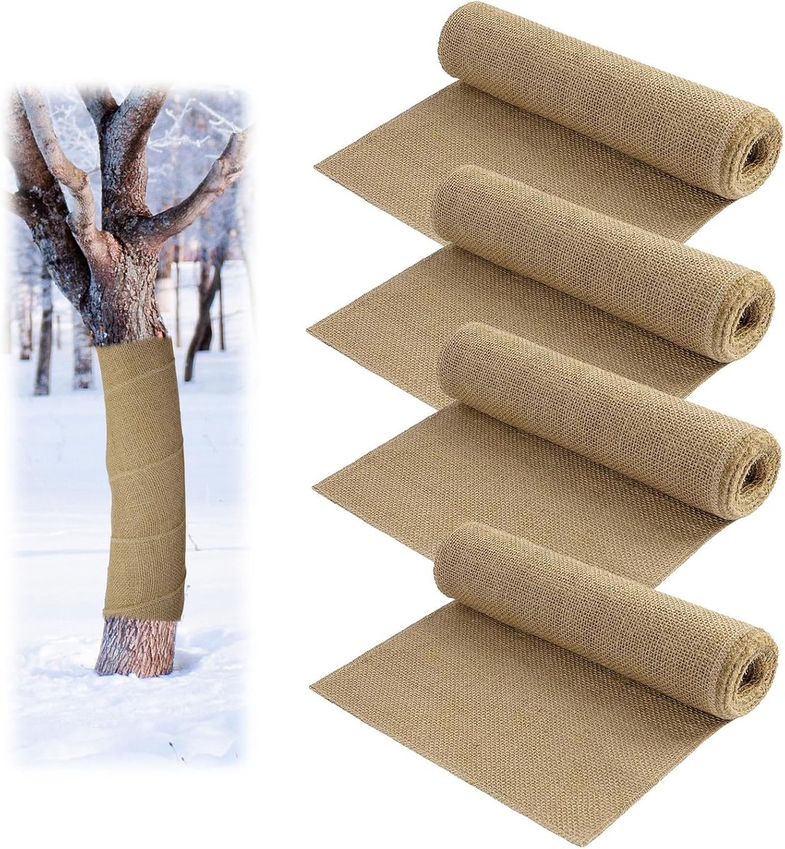 Jute Boomschors Bescherming voor Buitenplanten, Natuurlijke Jute Rol met Touwen voor Winterbescherming van Struiken en Planten (4 Stuks - 25 cm x 3 m)