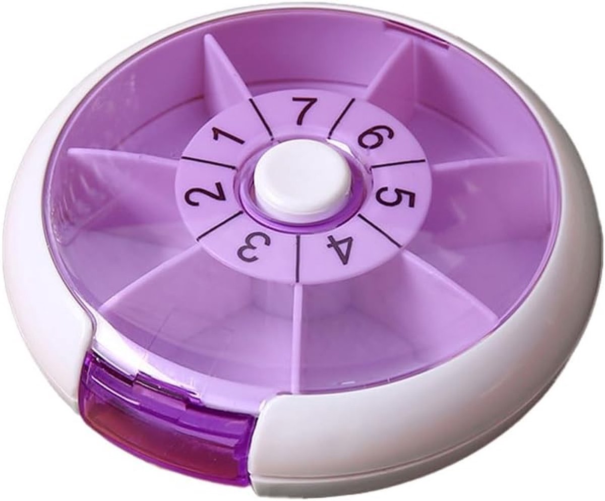 Rotating Pill Box met 7 Compartimenten voor Medicijnen, Ideaal voor Weekelijkse Dispenser, Draagbare Tablettenopslag in Paars
